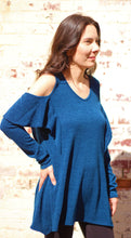 Load image into Gallery viewer, Blue Cold-Shoulder Sweater