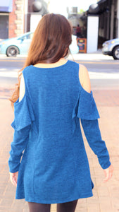 Blue Cold-Shoulder Sweater